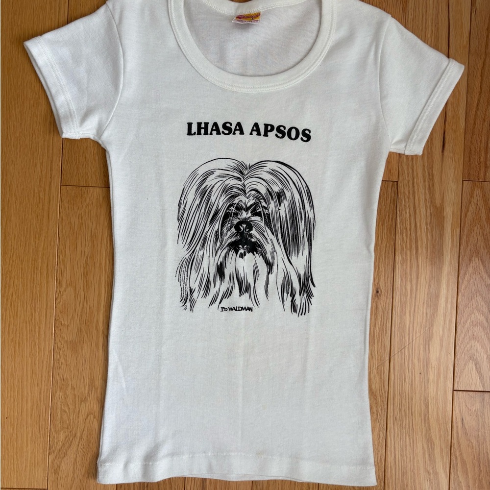 Vintage 70s Lhasa Apsos Dog White L T Shirt Single Stitch Ed Walkman